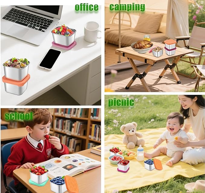 sagact 304 Premium Stainless Steel Snack Containers with Silicone Lids, Snackle Box Containers, Easy-Open Leak-Proof Kids for Taking Out for a Picnic, Lunch Box and Travel. (Red Orange Blue-3, 6 OZ)