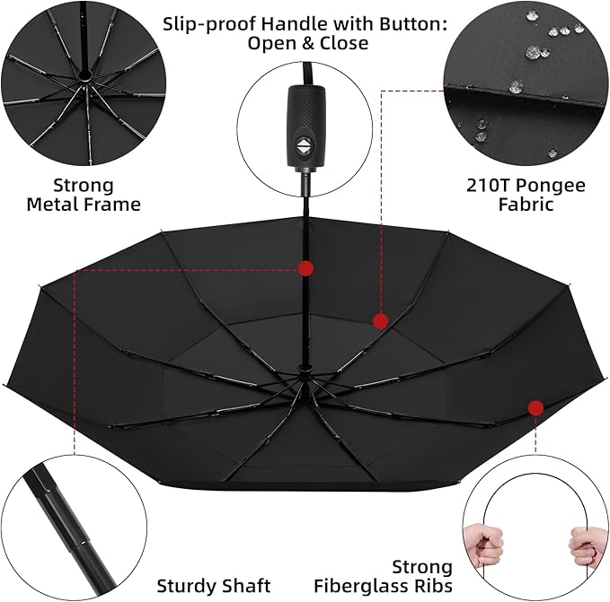 TradMall 2 Pack Travel Umbrella, Double Vented Canopy Windproof Automatic Strong Compact Folding Umbrellas for Rain Women and Men