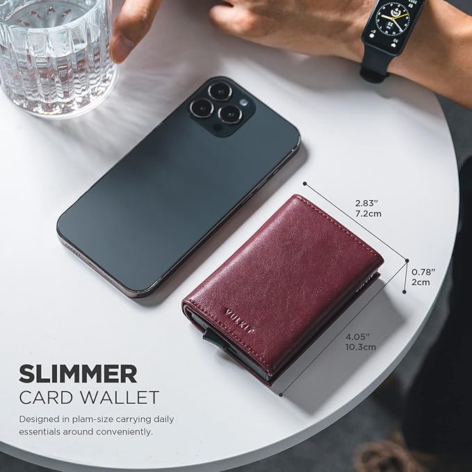 VULKIT Pop up Card Wallet Minimalist Cash Wallets RFID Blocking Leather Smart Credit Card Holder with ID window for Men(Wine)