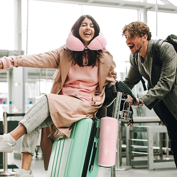 Travel Pillow and Blanket Set Neck Pillows Travel Essentials with Sleep Mask for Airplane Car Memory Foam Pink