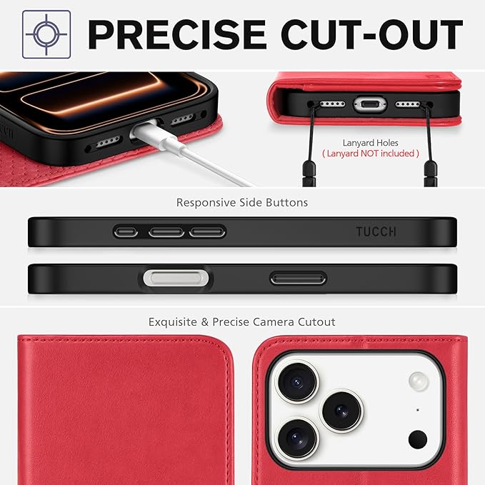 TUCCH Case Wallet for iPhone 17 Pro (6.3") 2025, RFID Blocking, 3 Card Holders, Kickstand, PU Leather, Protective Flip Folio Cover, TPU Shockproof Interior Shell, Bright Red