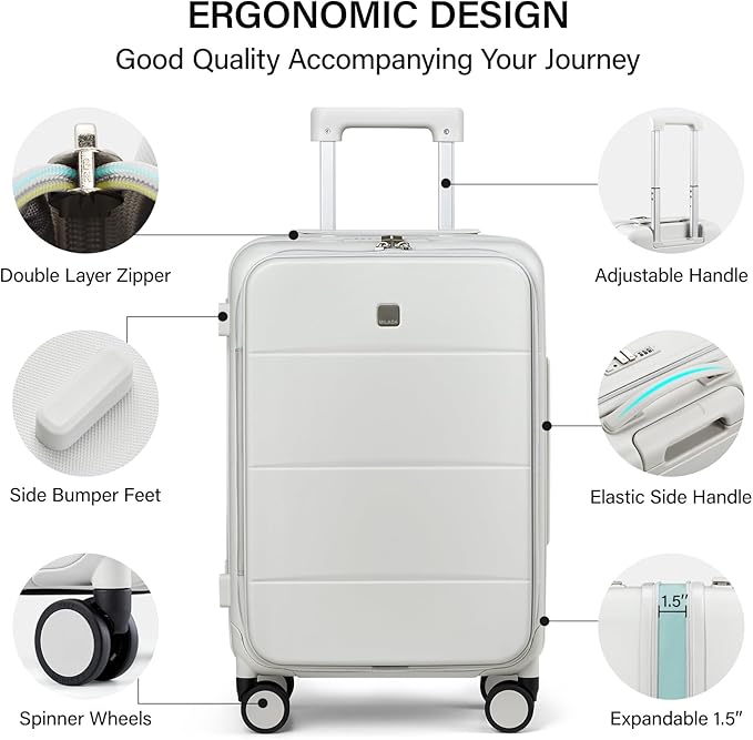 MILADA Expandable Carry On Luggage with Spinner Wheels PC Hard Shell Suitcases 20 Inch Top Opening Travel Suitcase with Wheels TSA Approved Luggage Trunk Rolling Carry-On, White