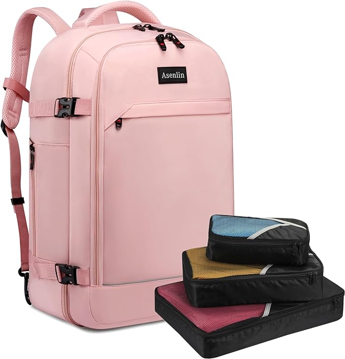 Asenlin 40L Travel Backpack for Women Men，17 Inch Laptop Backpack Flight Approved Luggage Carry On Water Resistant for Weekender Overnight Large Daypack PalePink