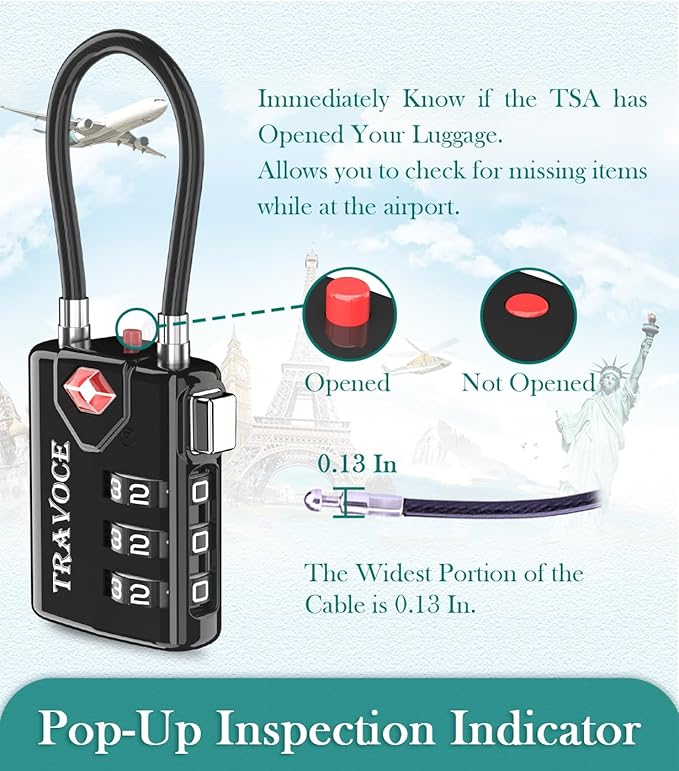 Search Alert TSA Approved Travel Combination Luggage Cable Locks for Suitcase, Gym Locker,Toolbox,Backpack 1,2,4,6 &10 pk (Black 3 Pack)