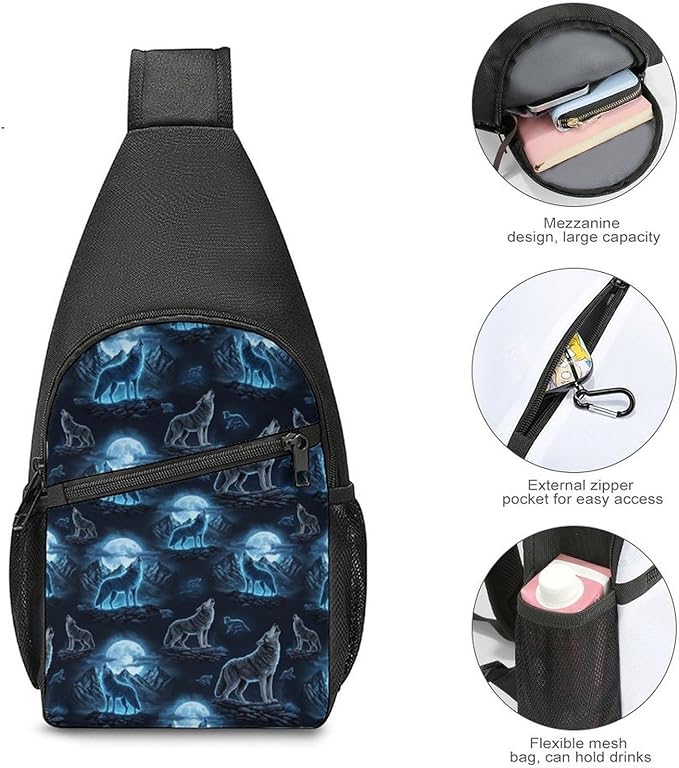 SWEET TANG Men and Women Sling Bag Chest Daypack, Howling Wolf Shoulder Backpack Crossbody for Hiking Camping Running, Casual and Large Capacity Anti Theft Rucksack