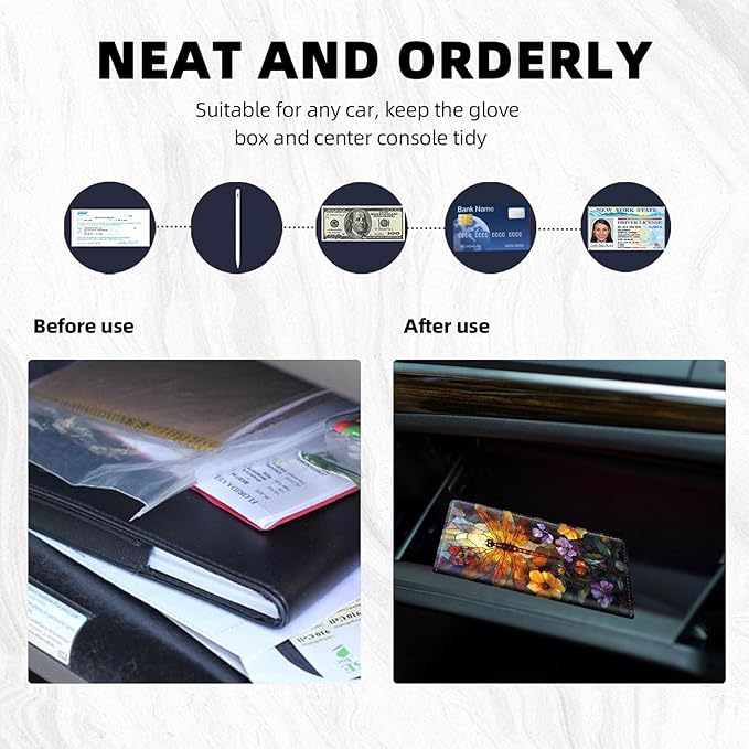 Car Registration and Insurance Holder PU Leather Vehicle Insurance and Registration Holders Wallet Case with Elastic Band Closure for ID Card, Driving Licence, Dragonfly Stained Glass