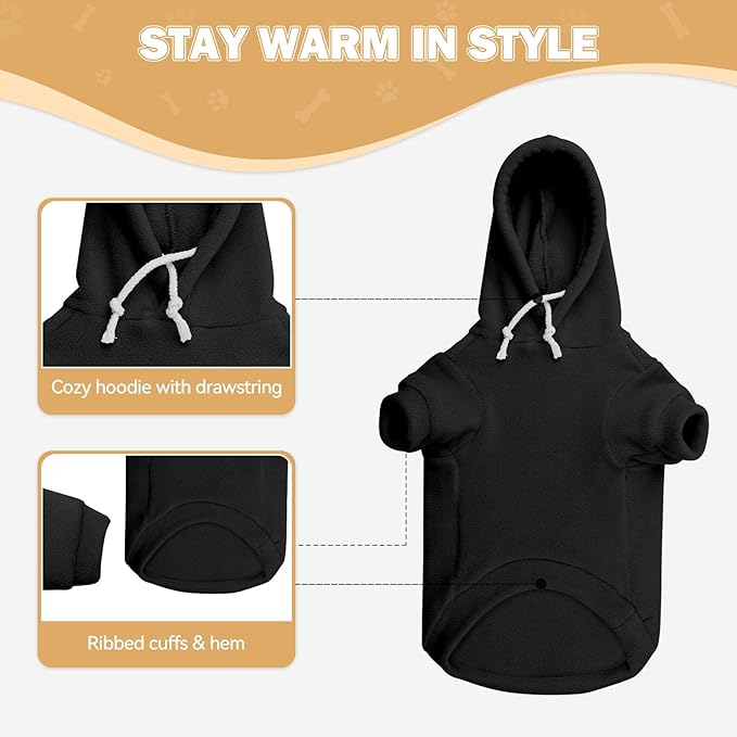 Extra Small Dog Sweater,Dog Hoodie,Warm Fleece Sweatshirt with Hood & Pocket,Leash Hole,Cozy Cold Weather Cat Pet Clothes Puppy Sweater for Small Dogs(Black,XS)