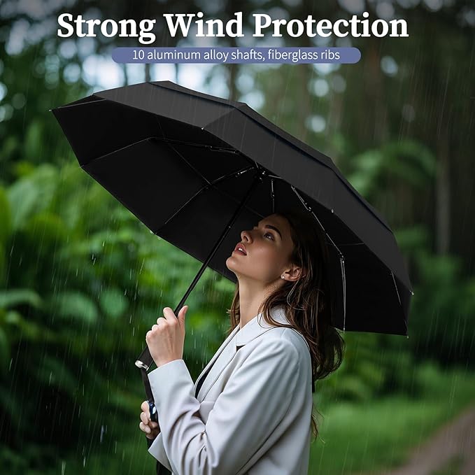 Yoobure Windproof Travel Umbrella with Wood Handle - Automatic Umbrellas for Rain & UV Sun Protection, Compact 46" Large Canopy, Lightweight Backpack Portable for Walking & Outdoor