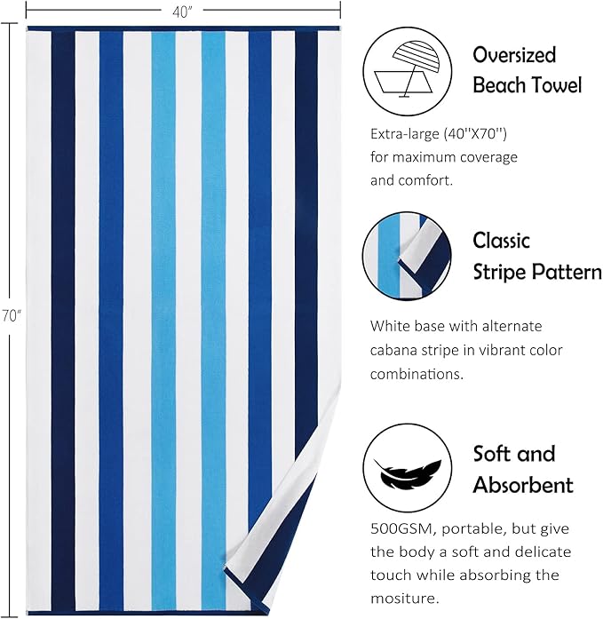 Cotton Oversized Beach Towel - Extra Large 40"X70" Plush Thick Pool Towel, XL Fluffy Multi Blue Beach Towels Stripe Swimming Towel for Adults Mens Women