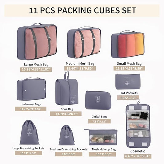 Packing Cubes Storage Luggage Organizers Bags 11 set for Travel Clothing Classification Storage Bag (Grey, 11 Pieces)