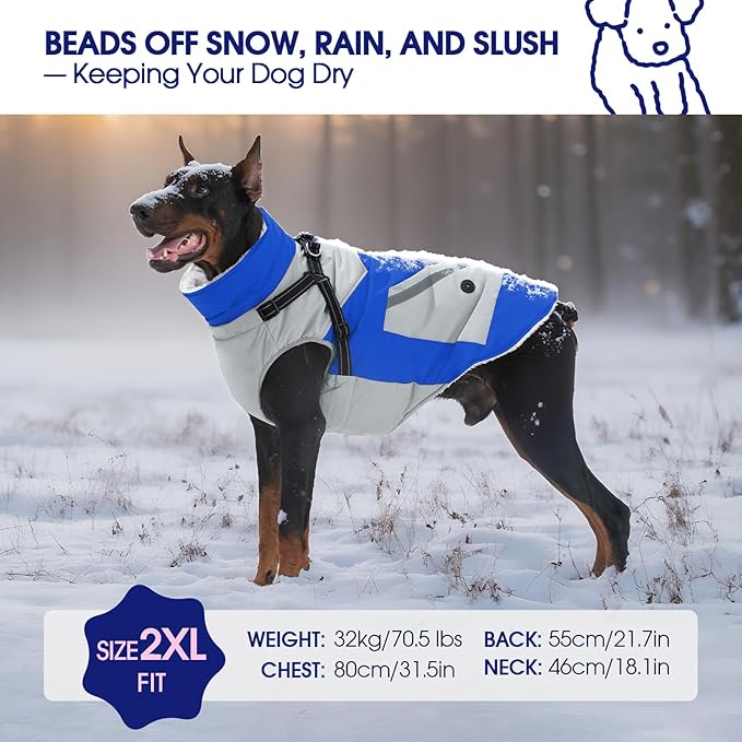 FUAMEY Dog Winter Jackets for Small Dogs,Dog Coat with Harness Built in,Waterproof Dogs Snowsuits Warm Pet Jacket Zip Up Fleece Cold Weather Coats Reflective Puppy Vest with Pocket Blue XS