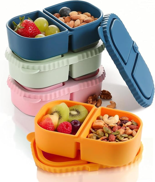 4 Pack Reusable Silicone Snack Containers With Lids, 8.5oz Two Compartment Snack Container, Snack Containers With Lids, Leakproof Snackle Boxes For Travel, Picnics (White, Yello,Dark Blue, Pink)