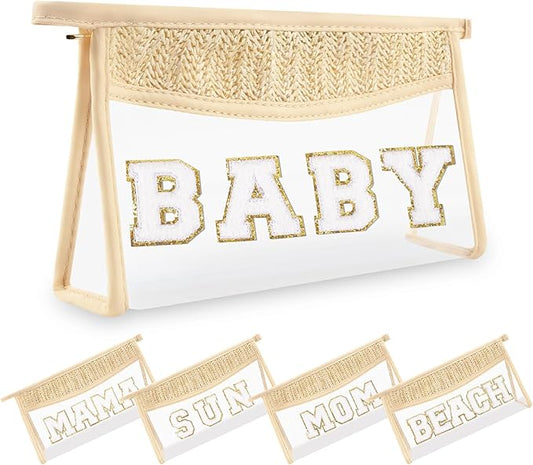 Small Boho Straw Clear Baby Makeup Bags for Women&Girls, Zipper Cosmetic Bag Chenille Varsity Letter Patch Bag, Preppy Cute Toiletry Pouch, Trendy Organizer Storage Bag for Beach Travel Essentials