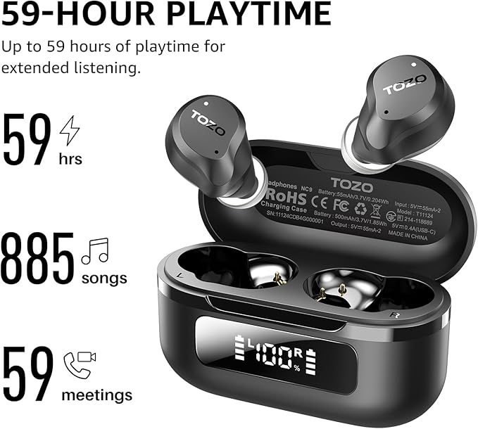 TOZO NC9 Hybrid Active Noise Cancelling Wireless Earbuds, 6 Mics ENC Clear Call, IPX8 Waterproof, in Ear Bluetooth 5.3 Headphones Stereo Bass Ear Buds 59H Playtime with LED Display 32 EQs via APP