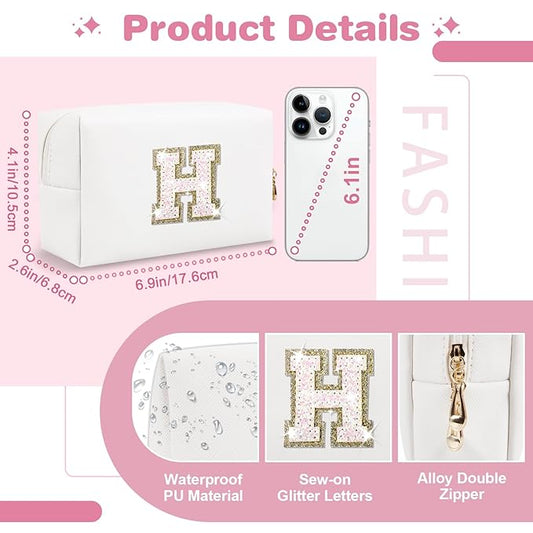 Small Initial Patch Makeup Bag Personalized Gifts Make Up Bag,White Cute PU Leather Glitter Letter Cosmetic Bag with Zipper,Trendy Portable Travel Toiletry Pouch,Preppy Stuff for Teen Girls Women H