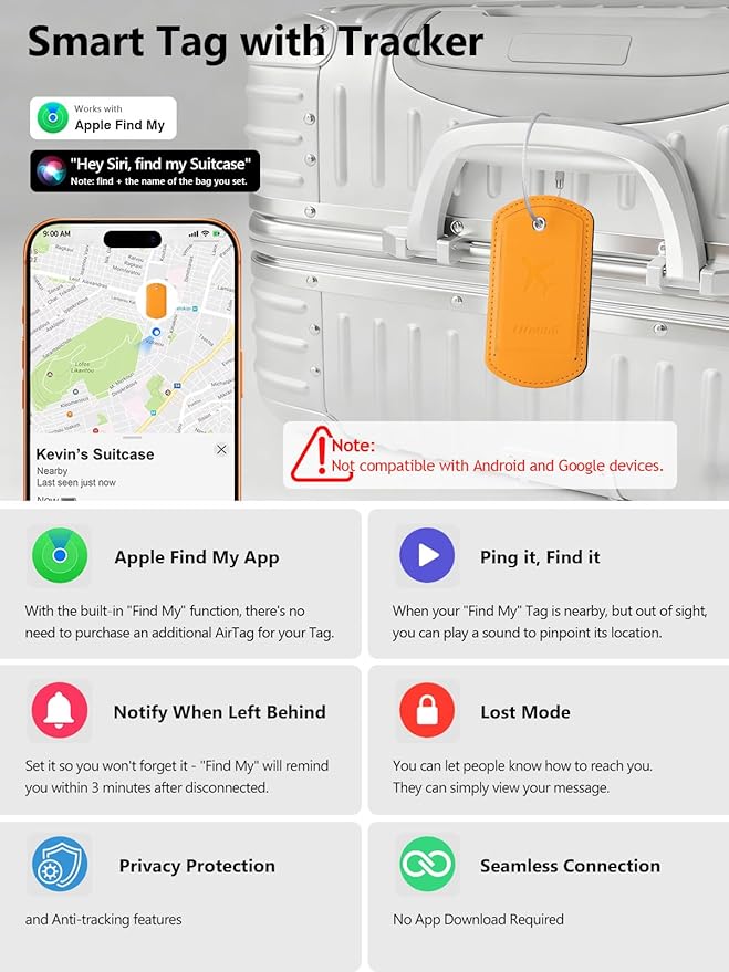Luggage Tag with Tracker (iOS Only), Premium PU Leather Luggage Tags for Suitcase, Privacy Cover & ID Card Slot, Stainless Loop for Travel Bags, Backpack, Pet Carrier, Ideal Gadgets (Orange)