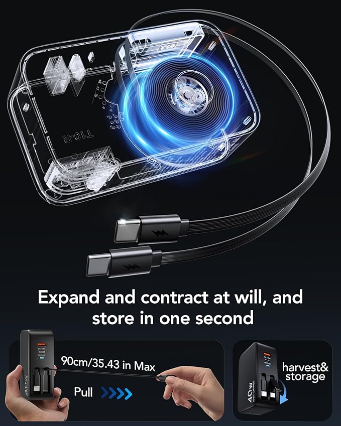 Retractable USB C Charger Wall Plug with Dual 35.5in/90cm Type C Cables Cords,40W Fast Charging Foldable Block Multi Charger for All Devices for iPhone 17/16/15/14/13/12,iPad,Galaxy,Pixel