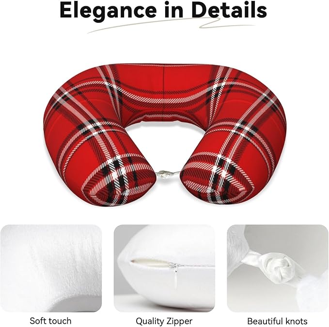 Neck Travel Pillow, Breathable Memory Foam Chin & Head Support Cushion Red Tartan Plaid Pattern for Airplane Car Sleeping Rest