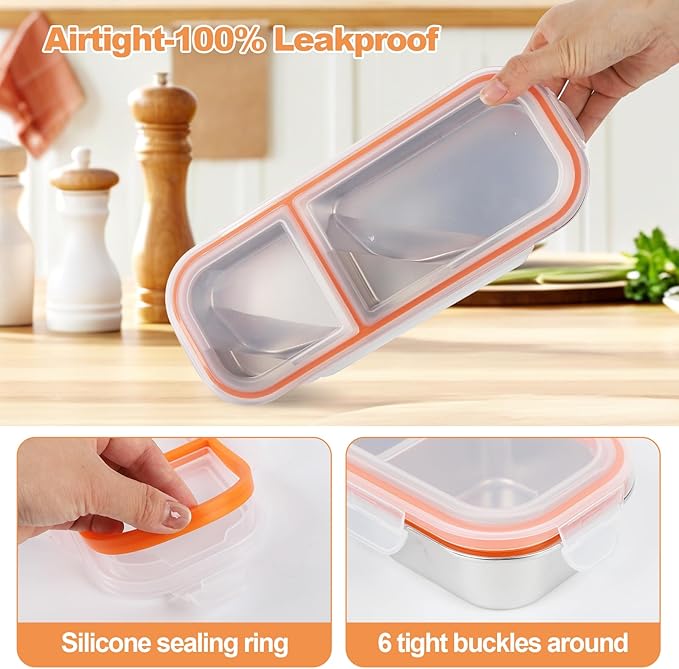 zenjarigily Stainless Steel Snack Containers with Lids, Double Compartment Leakproof Reusable Snack Box for Nuts, Fruits- Divided Grab & Go Container for School, Office, Travel