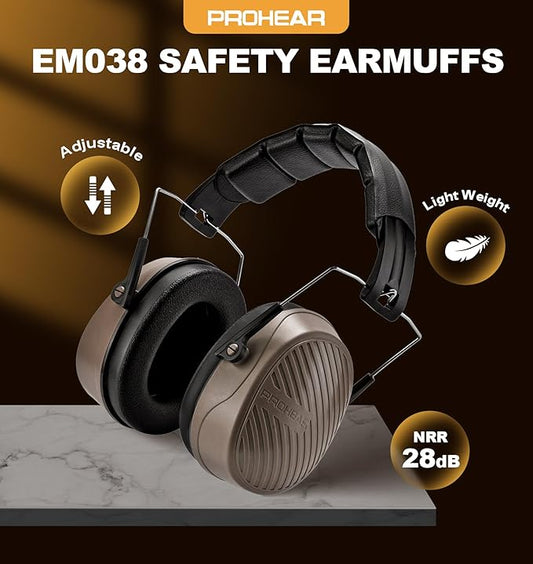 PROHEAR 038 Ear Protection Safety Earmuffs for Mowing, 28dB Noise Reduction Passive Hearing Protector, Compact Foldable Headset for Shooting Construction Power Tools, Brown