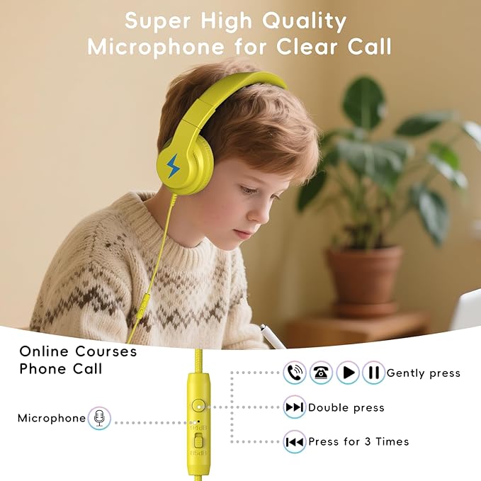 Kids Headphones, Wired Headphones for Kids Over Ear with Microphone, 85/94dB Volume Limiter Headphone for Girls Boys, Foldable Headphone for Learning & Entertainment, Yellow