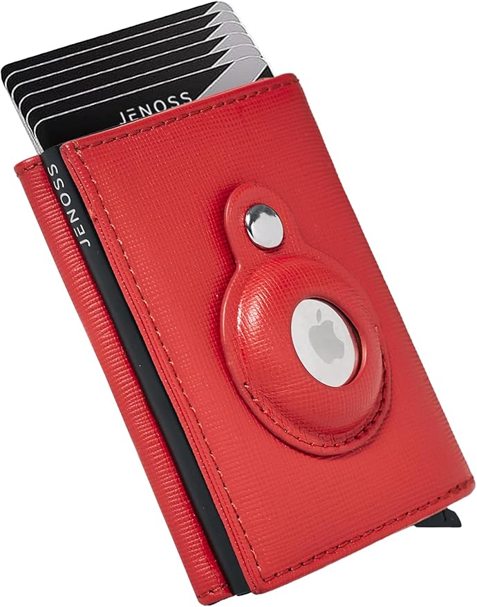 Jenoss Smart AirTag Wallet for Men & Women: Full Grain Leather, Black Pop Up Case, Slim, RFID Blocking, Credit Card Holder Apple Air Tag Tracker Trifold Minimalist 12 Slot ID (Red & Black)