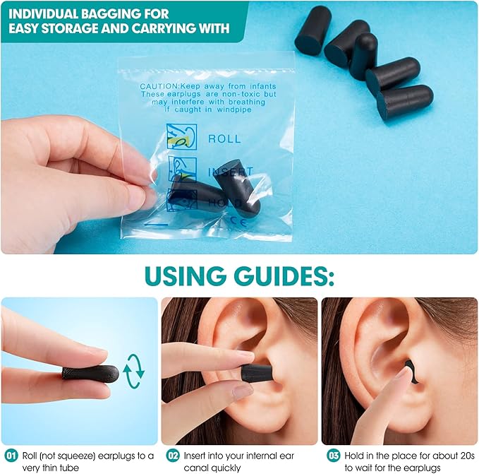 200 Pairs Black Noise Cancelling Ear Plugs - 33dB NRR Individually Bagged for Sleeping, Work & Construction