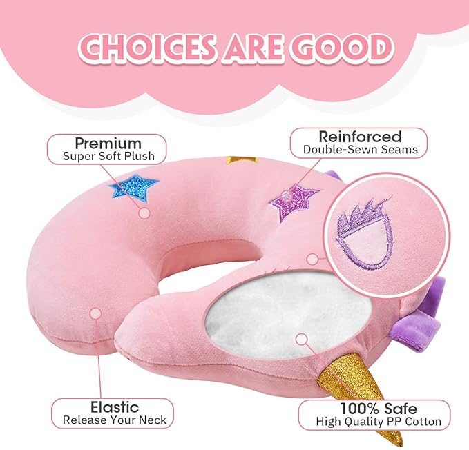 H HOMEWINS Travel Pillow for Kids,Cute Animal Toddler Neck Pillow for Boys Girls,Soft Neck Head Chin Support Pillow,Travel Accessories for Airplane, Car, Train,Recline (Unicorn)