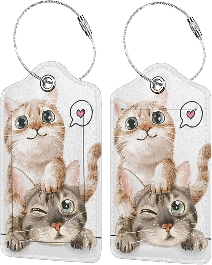 Set of 2 Cute Cats Luggage Tags for Suitcases Bag Tag with Full Back Privacy Suitcase Labels Identifiers, Funny Animals Pattern PU Leather Backpack Name Tags for Women Girls Teen Kids Boys Travel