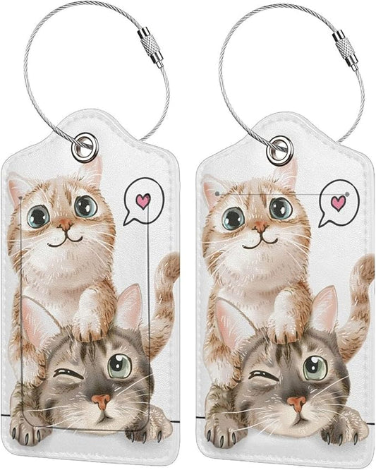 Set of 2 Cute Cats Luggage Tags for Suitcases Bag Tag with Full Back Privacy Suitcase Labels Identifiers, Funny Animals Pattern PU Leather Backpack Name Tags for Women Girls Teen Kids Boys Travel