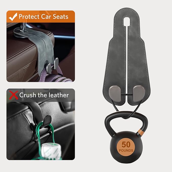 CoBak Headrest Hooks for Car - Universal Premium Stitched Leather and Aluminum-Magnesium Alloy Double Car Seat Back Storage Hook for Purses, Handbags, Bags (2 Pack),Gray