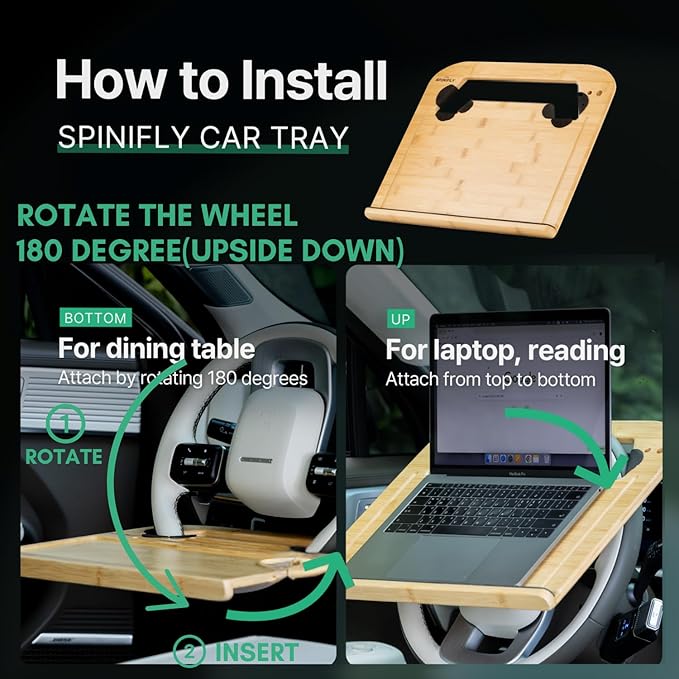 SPINIFLY 2 in 1 Steering Wheel Tray – Car Tray & Food Table – Car Essentials Double Sided Bamboo Car Desk for Laptop, Eating & Reading – Fits up to 17" Laptop