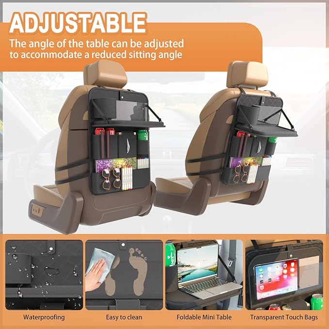 GMQ Backseat Car Organizer with Tray,Back Seat Car Organizer for Kids,Multifunctional Seat Back Organizer with Foldable Tablet Holder (Black, 1PC)