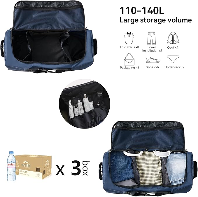 32” 1680D Oxford Foldable Duffle Bag with 2 Wheels,110L to 140L Expandable Soft Sided Rolling Travel Bag,Navy