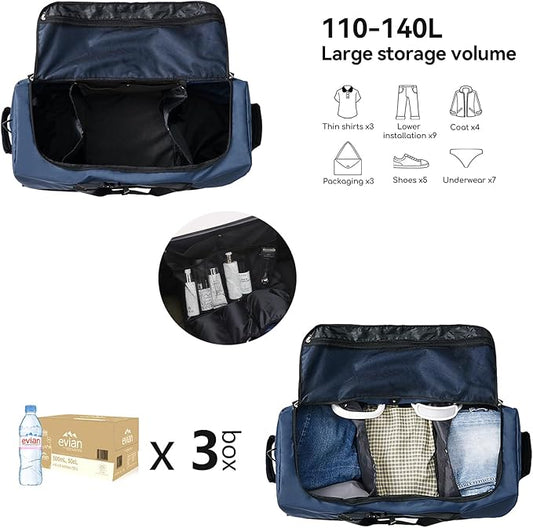 32” 1680D Oxford Foldable Duffle Bag with 2 Wheels,110L to 140L Expandable Soft Sided Rolling Travel Bag,Navy