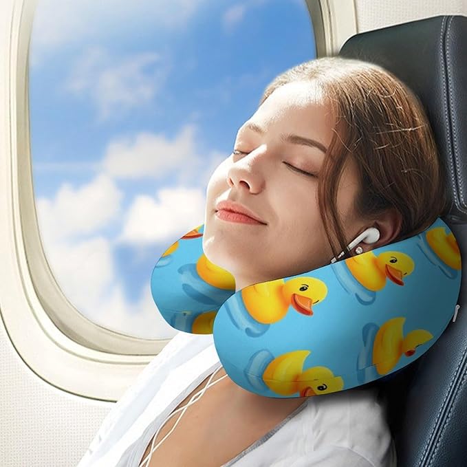 Breathable Memory Foam Neck Pillow, Cute Funny Yellow Duck Rubber Ducky Sky Blue U-Shaped, Head Support U-Shape Compact for Airplane Train Travel, Machine Washable Cover