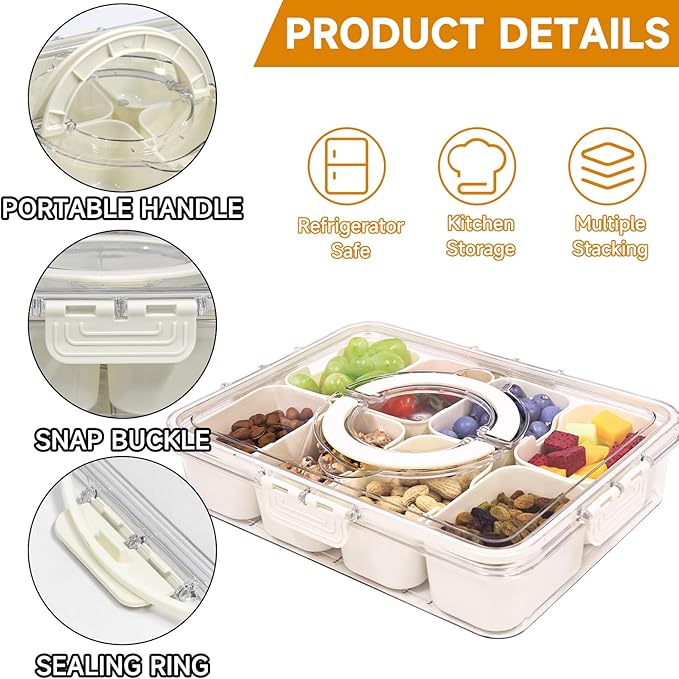 Yuroochii Snackle Box Container, Portable Snack Box 8 Compartment Divided Serving Tray with Lid & Handle, Clear Snack Charcuterie Platter for Travel Candy Party Fruit Salad (White)