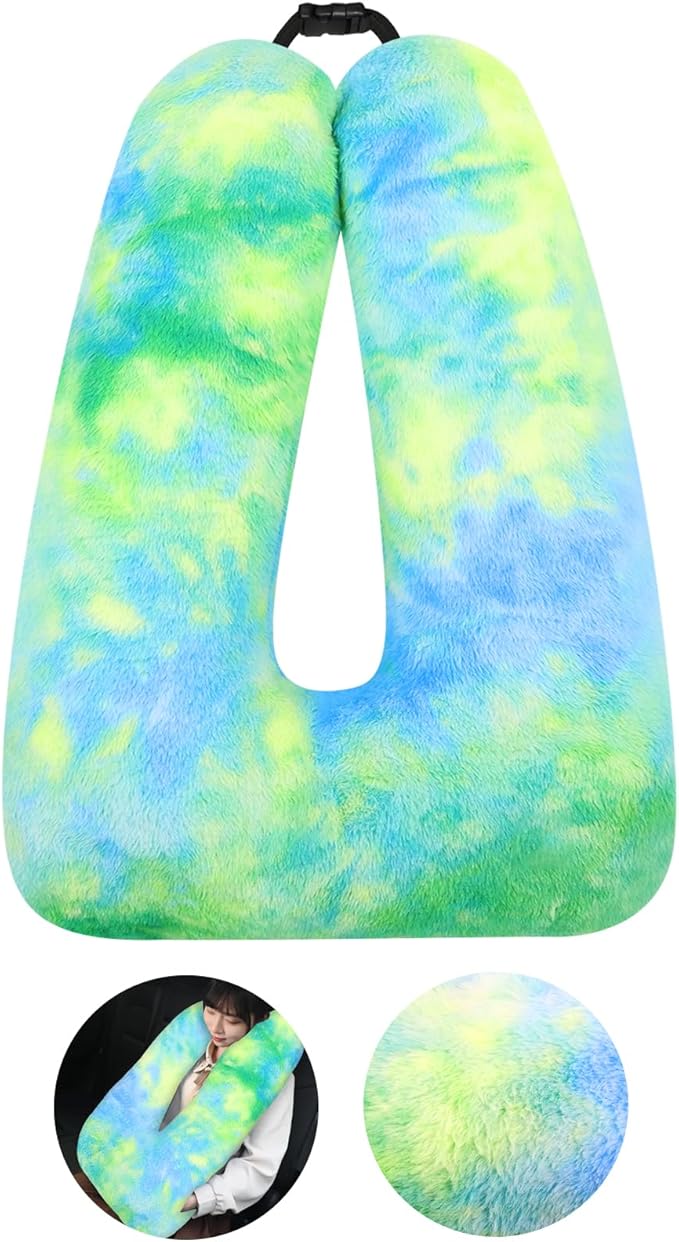 Kids Travel Pillow for Car Seat with Hand Muff, Cartoon Neck & Headrest Seat Belt Pillow for Car Road Trips Long-Distance Travel Sleeping Pillow for Adults and Children, Tie-dye - Green Field