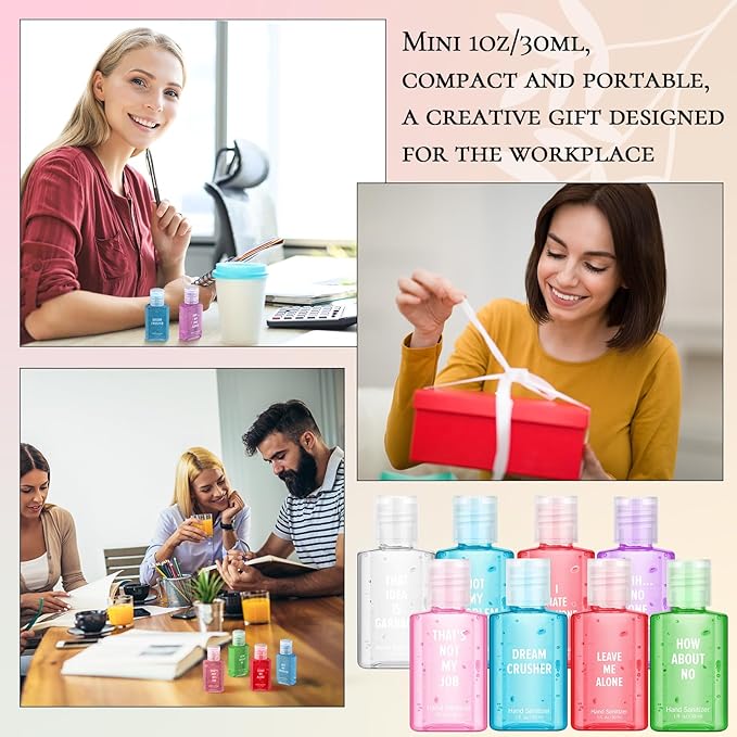 Frienda 24 Pcs Funny Hand Sanitizers with Sarcastic Sayings Mini Travel Size Pocket Hand Sanitizers Berry Peach 1 oz Gag Work Gifts for Christmas Stocking Stuffers Teacher Employee Appreciation Gifts