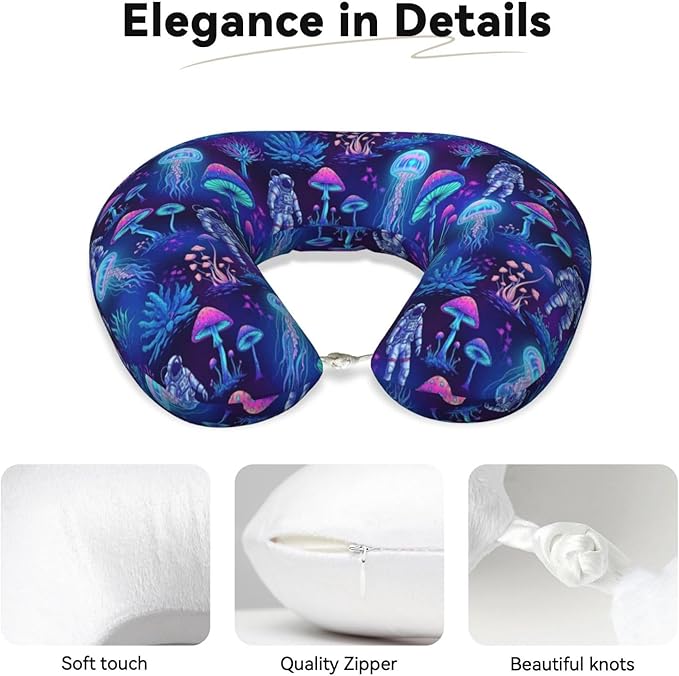 Travel Neck Pillow for Pain Relief Sleeping, Underwater Jellyfish Astronauts Mushroom Art, Comfortable Memory Foam Chin Head Cushion Support with Zip Cover, Fashion Car Flight Pillows