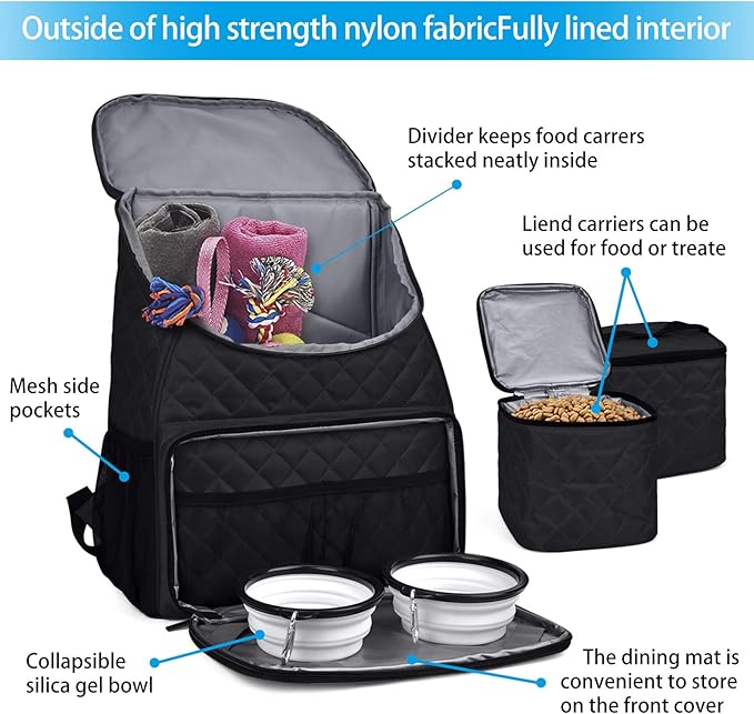 BAGLHER Dog Travel Bag, Airline Approved Pet Supplies Backpack, Dog Travel Backpack with 2 Silicone Collapsible Bowls and 2 Food Baskets, Black