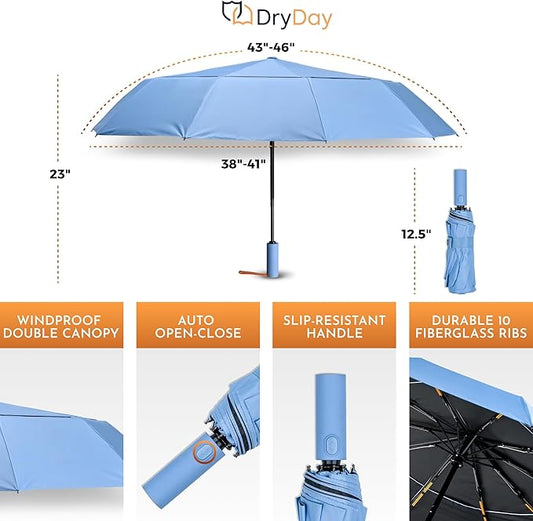 DryDay Travel Umbrellas for Rain - Large Windproof Double Canopy Umbrella, 10 Durable Ribs, Strong Frame, Auto Open Close Ergonomic Handle, Compact Waterproof Umbrella for Women & Men