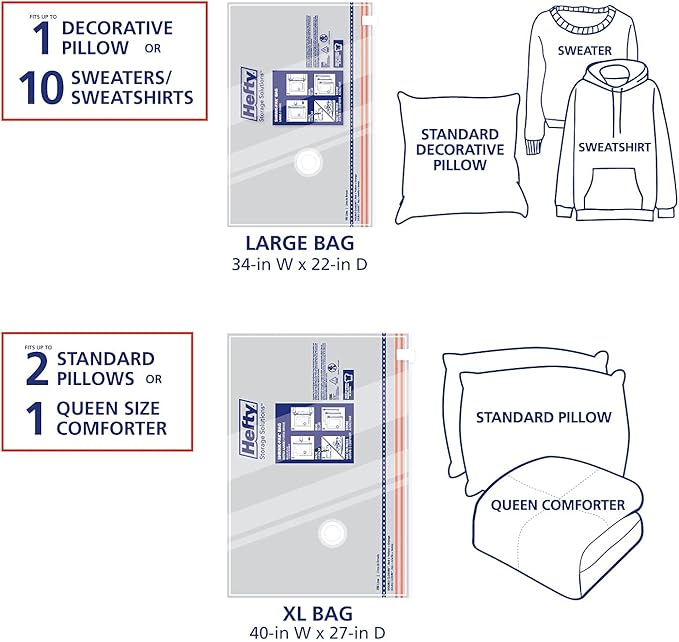 Hefty Shrink-Pak Vacuum Storage Bags - Space Saver for Under Bed Storage, Clothing and Comforters, Odor Resistant, 3X More Storage Space - 3 Large, 3 XL Bags