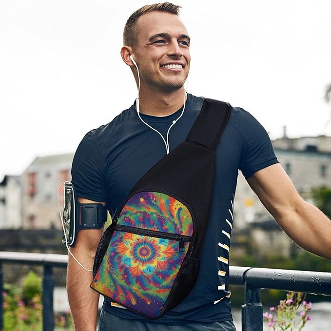 SWEET TANG Chest Bag for Men Women Spiral Psychedelic Tie Dye Rainbow Sling Shoulder Backpack Fashion Daypack, Outdoor Sport Adjustable Zippered Crossbody Bag with Large Capacity