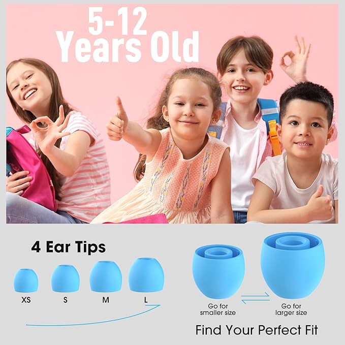 Kids Ear Plugs for 5-12 Yr, 27 dB Noise Reduction Extra Small Earplugs, Ear Plugs for Kids for Noise Sensitivity, Socializing, Sleep, Focus, 4 Sizes Ear Tips in XS-L (Blue+Cord)