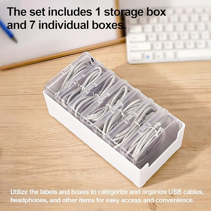 7 in 1 Charger Cable Organizer Box with Lid and 10 Cable Ties & 16 Labels Included | Multi-Function Storage for Office Desk Drawer | Cord, Charger, Card Organizer Case