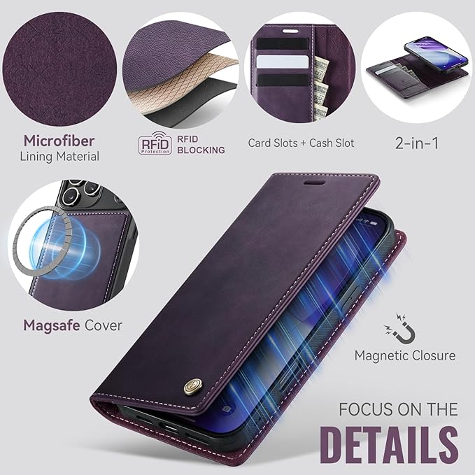 PlusnapX Wallet Case for iPhone 17 Pro Max Compatible with Magsafe, 2-IN-1 PU Leather Flip RFID Blocking Card Holder Stand Shockproof Magnetic Detachable Cover for iPhone 17 Pro Max 6.9", Retro Purple