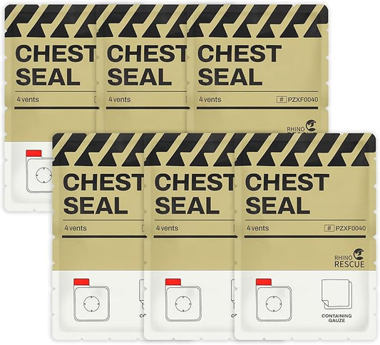 RHINO RESCUE Vented Chest Seal, 4 Vents, Sterile Emergency Trauma Dressing, Occlusive Adhesive Pad, IFAK Trauma Refill Medical First Aid Supplies for Wound Care, Gunshot Wound, Sucking Chest(6 Count)