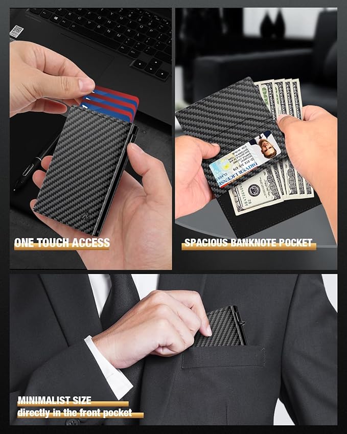 Mens Wallet Card Holder - Pop Up Aluminum Case, Flexible Carbon Fiber Leather, Smart Wallet for Men, RFID Blocking, Slim, Minimalist, Front Pocket - 9-14 Card Capacity | ID Window | Cash Slot