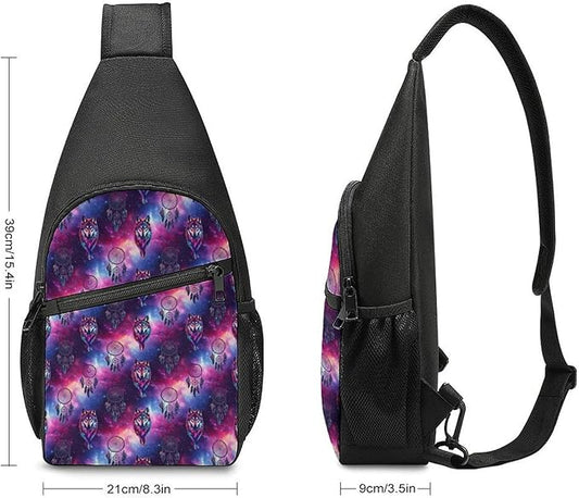 SWEET TANG Cool Sling Backpack for Men Women, Multipurpose Crossbody Shoulder Bag Dream Catcher Wolf Space Fantasy, Travel Hiking Zippered Daypack, Adjustable and Breathable